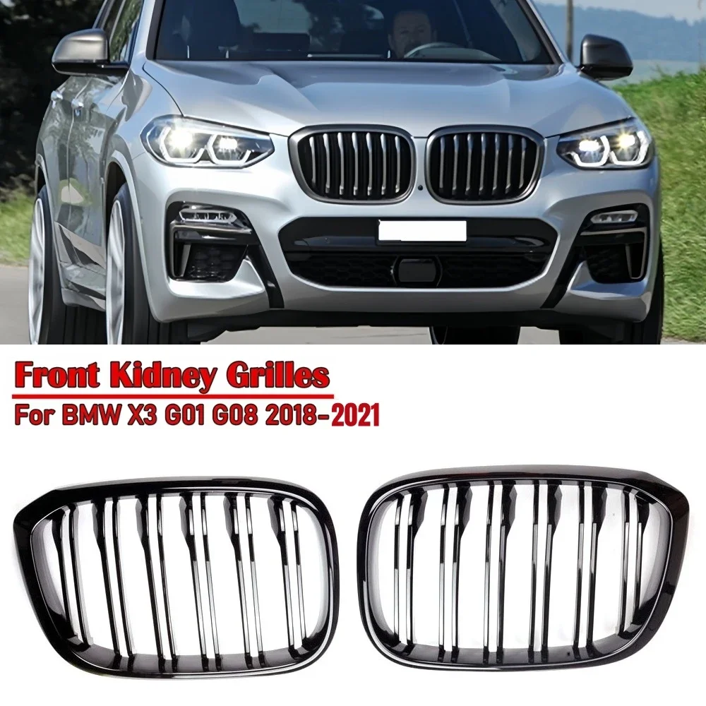 

2PCS One Slat Grill Front Kidney Grilles For BMW 3 4 X3 X4 G01 G02 G08 2018-2021 Glossy Black Racing Grills Car Styling