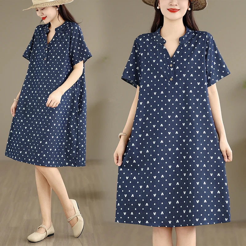 

Summer New Style Pure Cotton Short Sleeve Dress V-Neck Thin Medium Length Comfortable Cotton Denim Casual Citywalk Dress