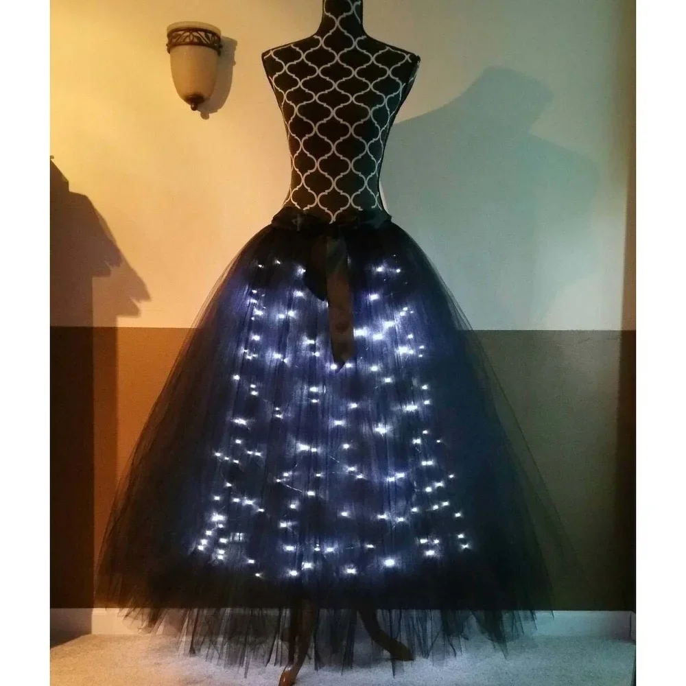 LED Luminous Women Tulle Skirt Party Tutu Sexy Black Gray Long Belly Dance Bar Wedding Festival Halloween