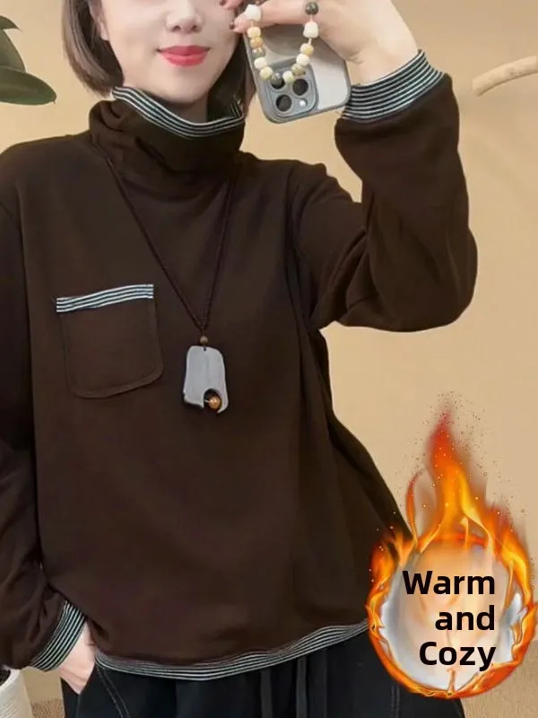 

Модный женский свитшот с высоким воротником и длинными рукавами, больших размеров, для осени и зимы, для ношения как под одежду, так и поверх нее, с нашивками