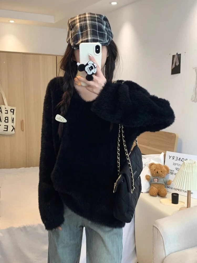 Brush Mohair Pullover Sweater Women Long Sleeve Fuzzy Knit Plain Jumper Knitwear Teen-girl Fall Winter Daily Outfit