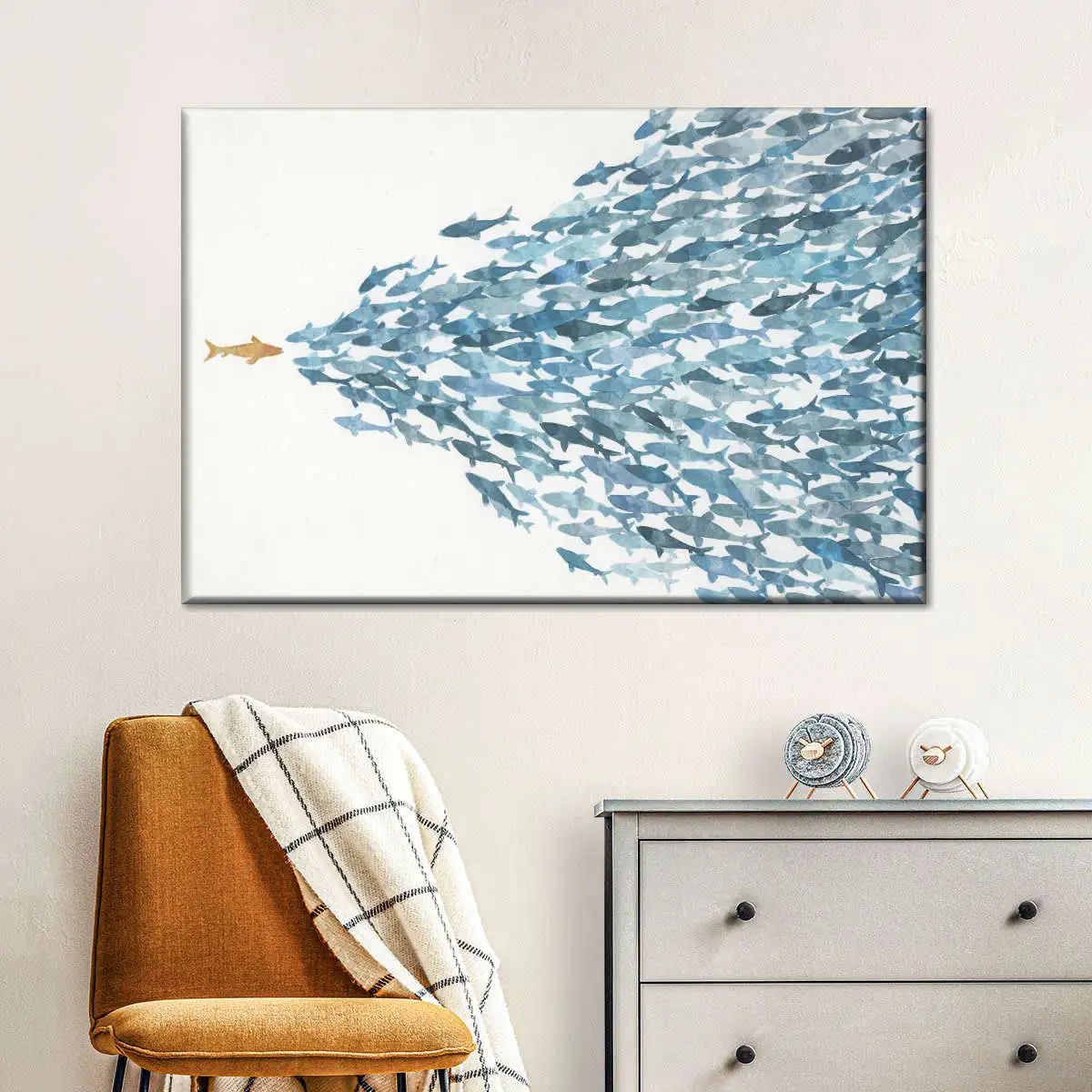 1pc, Watercolor School of Blue Fish with One Orange Fish Wall Art, Abstract Ocean Poster, Unframed Canvas Print for Home Decor