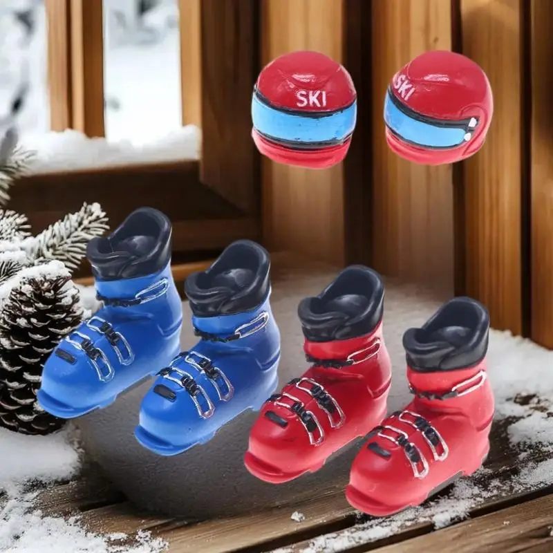 Escena de esquí de invierno en miniatura, decoración para casa de muñecas con patines de hielo a escala 1:12 y gorros de esquí