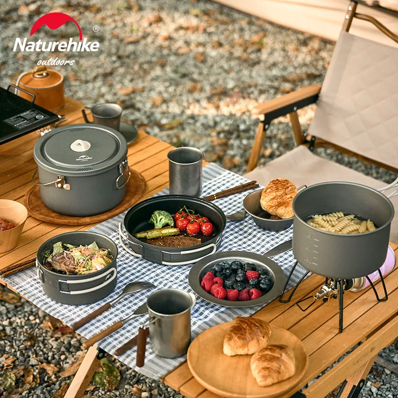 Imagem -06 - Naturehike Panelas de Liga de Alumínio Conjunto Pcs Non-stick Pan com Malha Bolsa Portátil Outdoor Camping Panelas Piquenique Cozinhar Louça