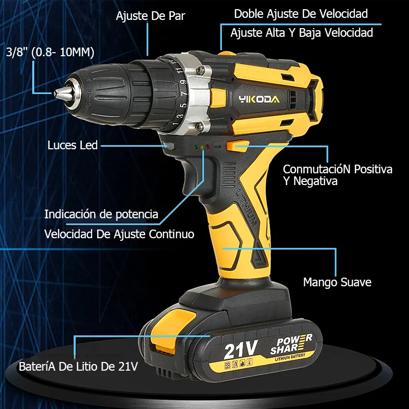 21V Cordless Electric Drill, Rechargeable Electric Screwdriver with Lithium Battery, Household Multifunct Two-Speed Power Tools