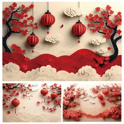 Chinese New Year Photography Backdrop Red Lantern Plum Blossom Clouds Spring Festival Family Party Portrait Photocall Background