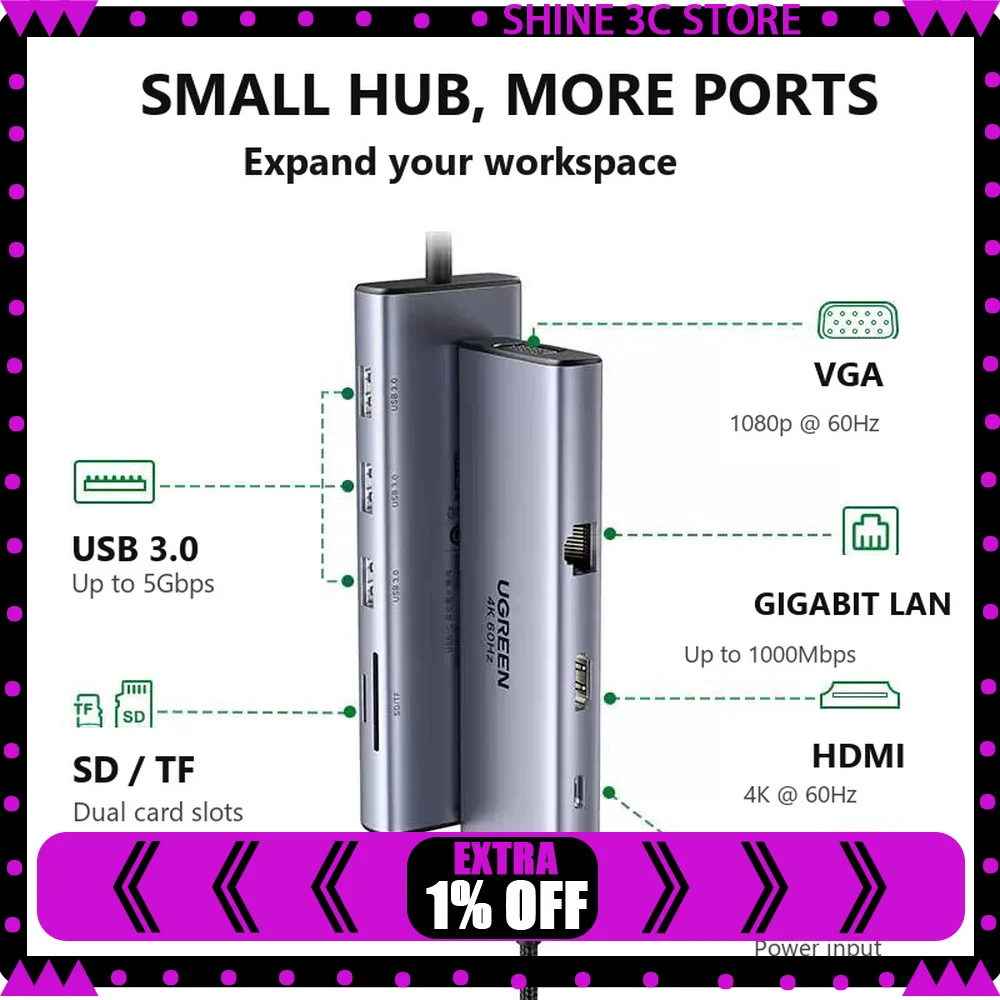 UGREEN CM498 25042 9-in-1 USB-C Hub, 4K 60Hz HDMI, VGA, Gigabit Ethernet, 3 USB 3.0, SD/TF Card Reader, 100W PD