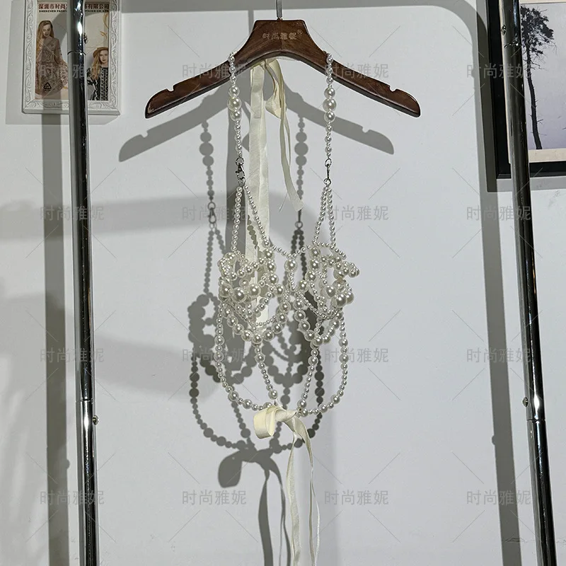 Niche Handmade White Bra Strap Strapless Music Festival Versatile Suspender Sexy Pearl Handmade Sexy Bead Top