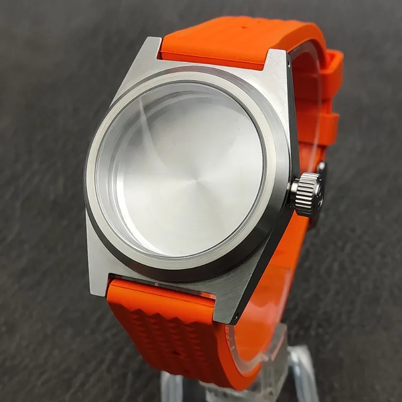 38MM Men's Watch Case for NH35 Movement Brushed Orange Silicone Strap Sapphire Mirror
