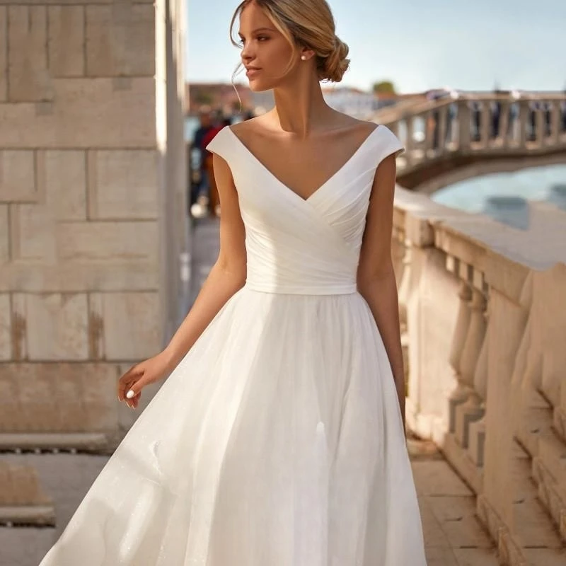 Wedding Dresses Women 2025 White Open Back V-Neck Cap Sleeves Chiffon Bridal Gowns For Women Customize To Measures Elegant