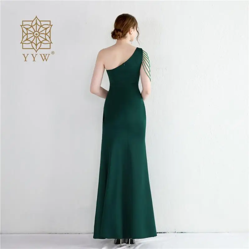 2022 Mermaid Long Evening Dress High Slit Vestido De Noche Vintage Beading Evening Dresses Asymmetric Sleeves Green Party Gown