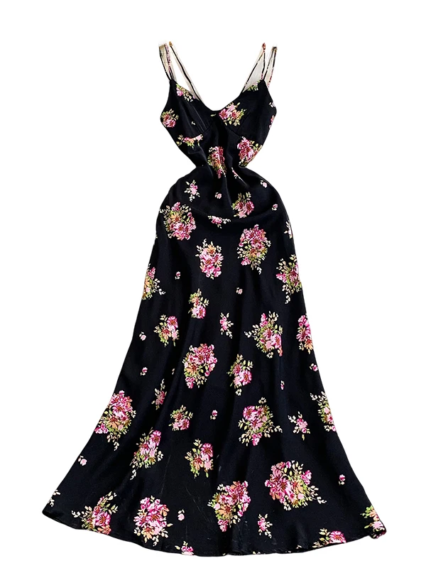 Ele Satin Print V-Ne Strapl Dr Damen High Waist A-Line Knielanger Rock Ele Sle Blumendruck Sommer Dr