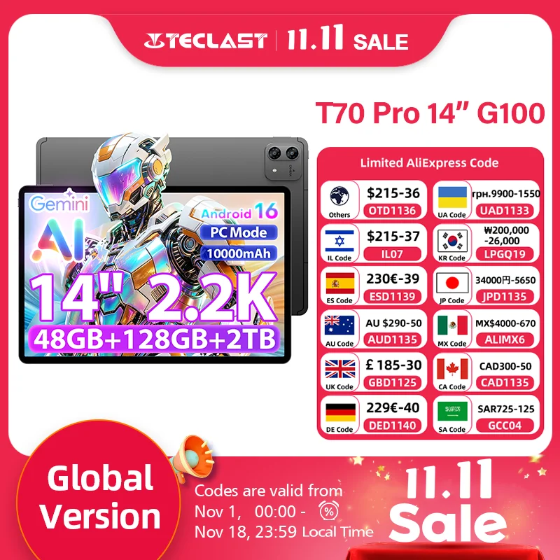 테클라스트 T70 Pro 14인치, 2.2K TDDI 디스플레이, MTK Helio G100 CPU, 8GB RAM + 40GB 확장 메모리 + 128GB ROM, 10000mAh 배터리, 18W 충전, 4G LTE, 안드로이드 16 태블릿 PC