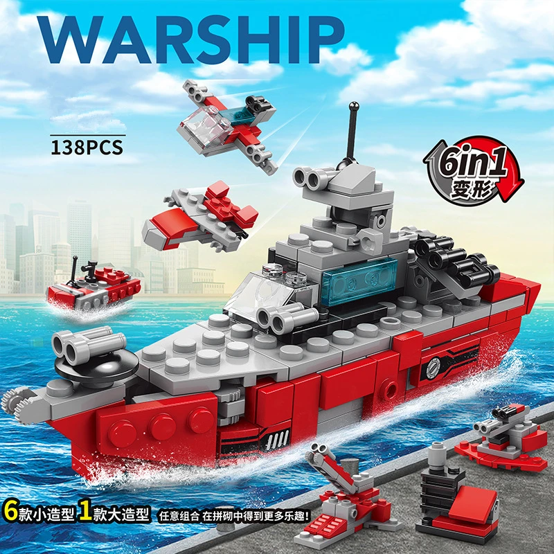 NEW DIY 6in1 Aircraft Carrier Helicopter Mortar Missile Armored Vehicle Building Blocks Kit Girls Bricks Movie Model Kids Toy