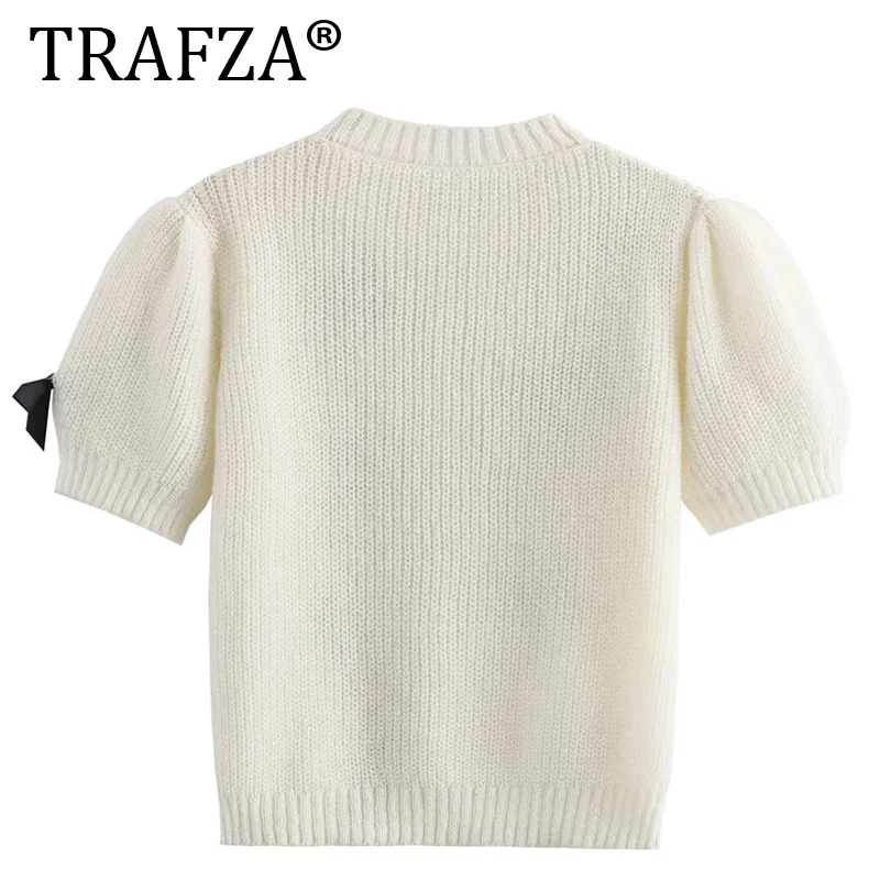 TRAFZA Elegant Puff Short Sleeve 3d Bow White Knit Sweater Women Fashion O-neck Pullover 24New Lady Out Streetwear Sweaters Tops