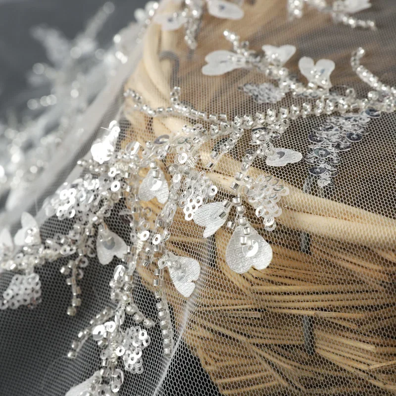 High-end fashion sequin embroidered tulle lace fabric for dresses and wedding gowns, laser embroidery sewing material