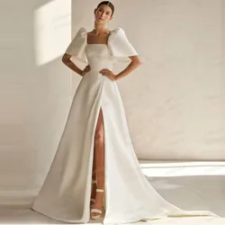 Luxury Wedding Dresses A Line Woman's Sexy Square Collar Short Sleeve High Split Satin Bride Gowns Vestidos De Novia Customized