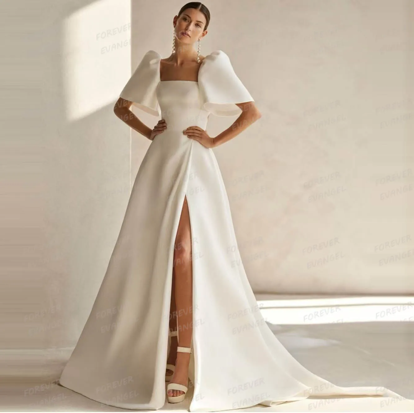 Luxury Wedding Dresses A Line Woman's Sexy Square Collar Short Sleeve High Split Satin Bride Gowns Vestidos De Novia Customized