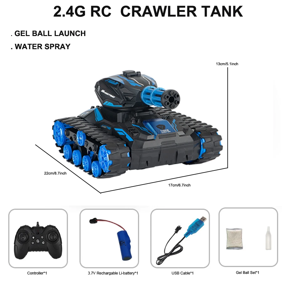 2.4Ghz rc crawler tank with gel ball shooting water spray light and music 6-7-8-9-14 -18 boys game toys box gift set