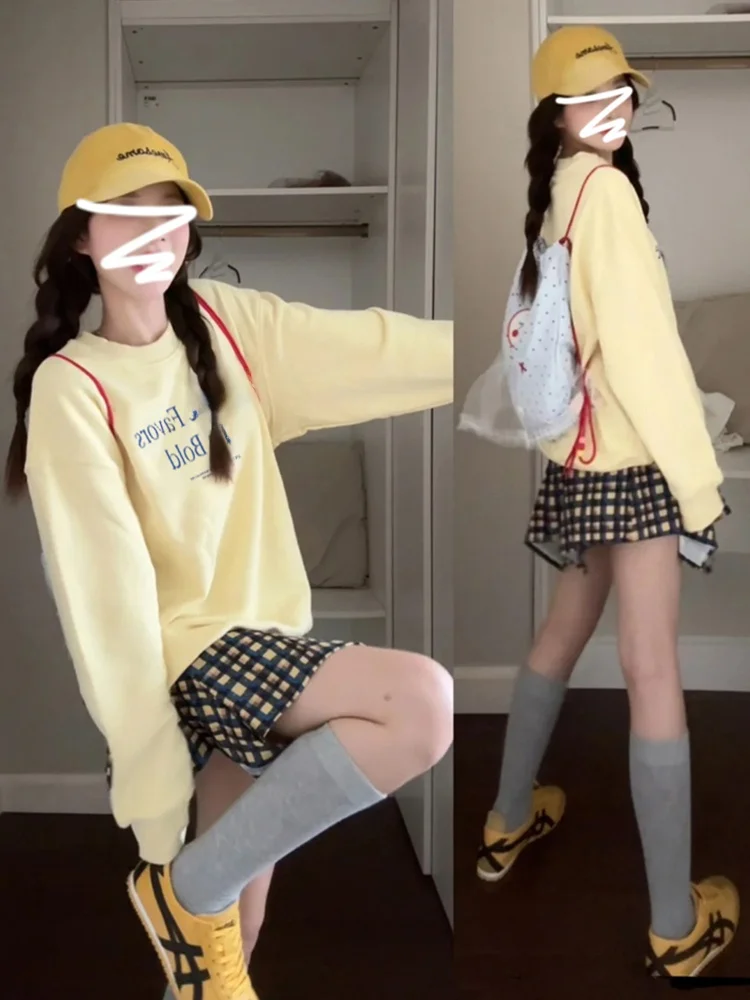 

Желтый американский свитшот оверсайз для женщин, новинка весенней коллекции, свободный топ и юбка, комплект из хлопка, юбка А-силуэта миди