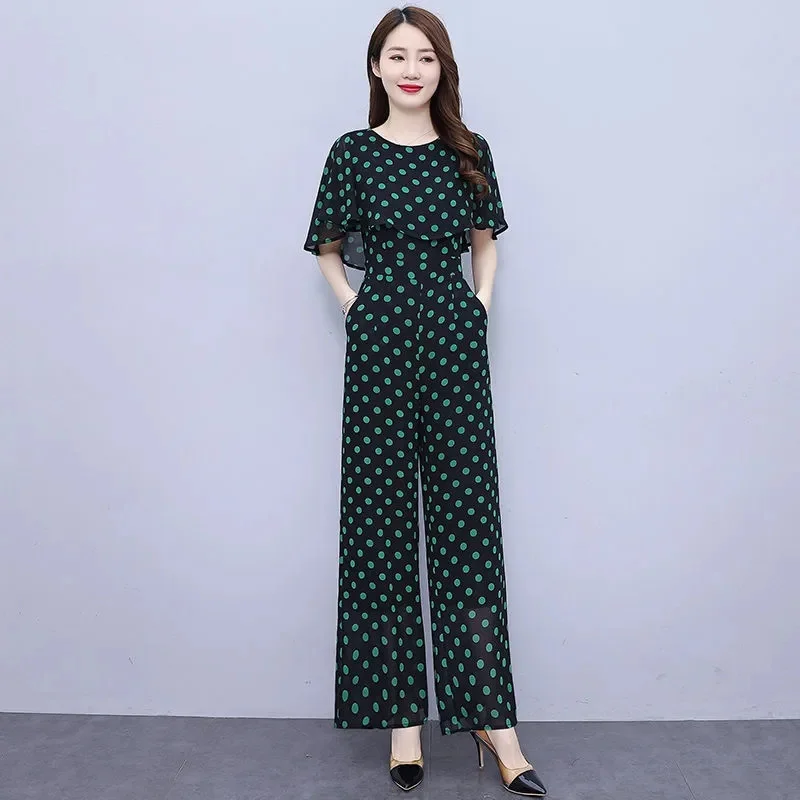 Wave Point Ice Silk Summer 2024 Jumpsuit For Women Fashiona New Slim Fit High Waisted Jumpsuit Lotus leaf Patchwork Set Female