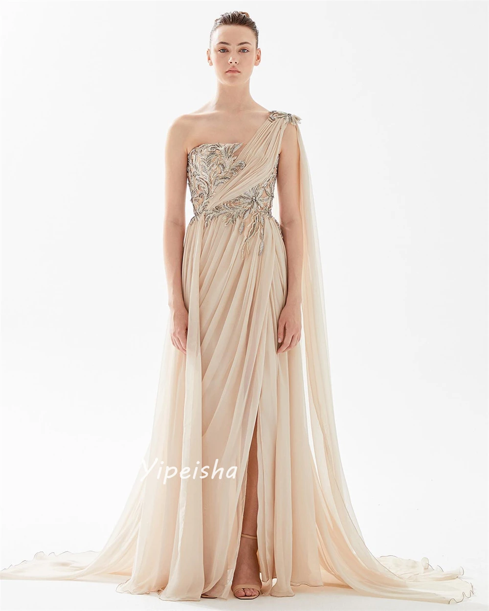 Yipeisha Fashion High Quality One-shoulder A-line Applique Draped Floor length Skirts Chiffon Prom Dresses