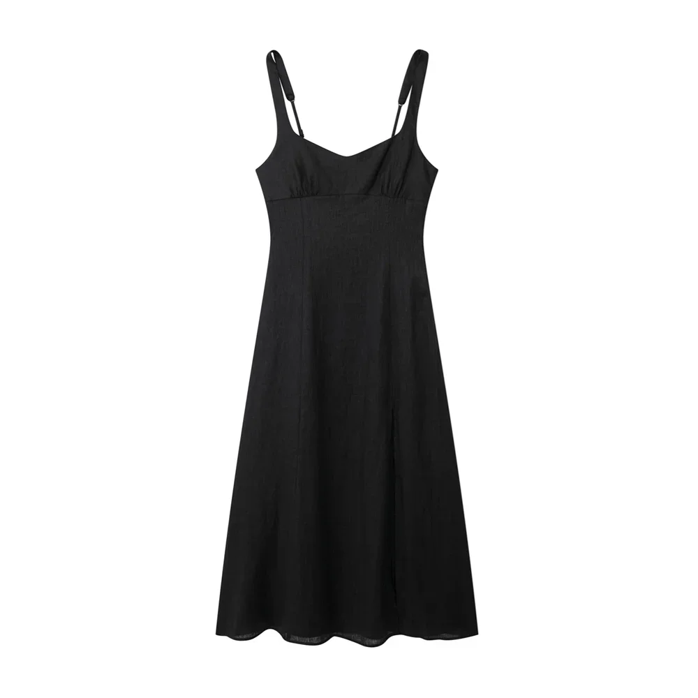 

Pop 2024 Summer New Product Women's Fashion Casual Slim Fit Split Linen Slim Strap Long Dress