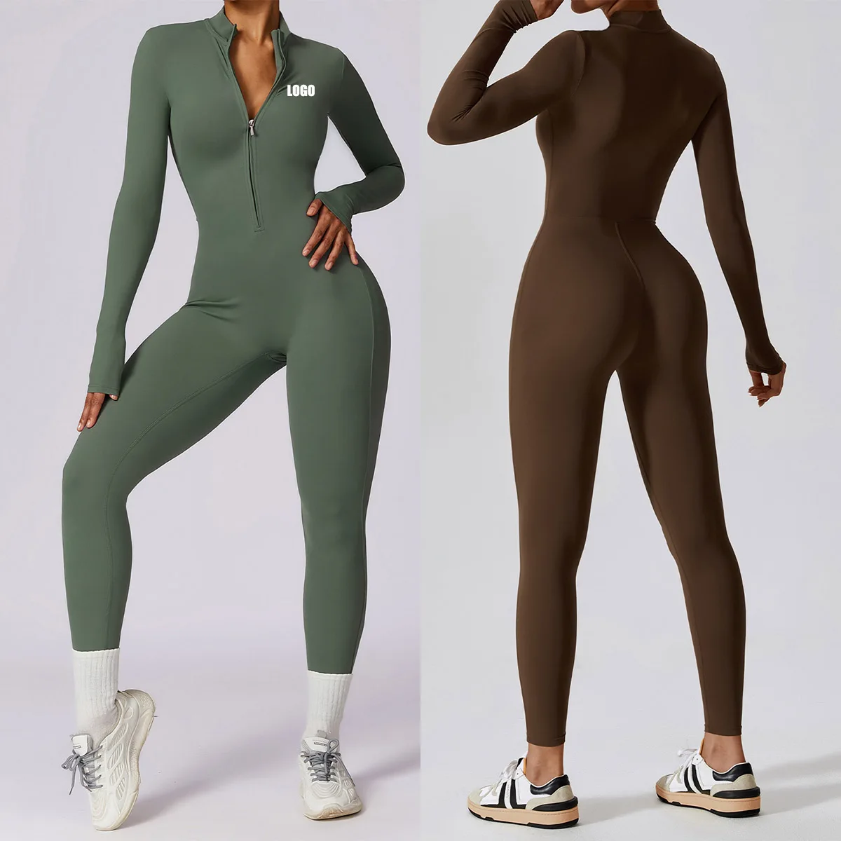 Customized LOGO European and American zipper nude long-sleeved yoga onesie fitness sports onesie tights