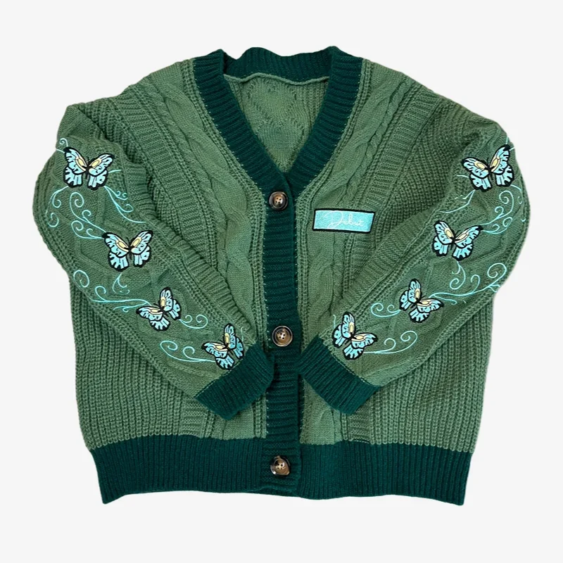 Cardigan verde scuro con farfalla ricamato donna autunno inverno lettera Patch Cardigan lavorato a maglia donna 2024 nuovi maglioni top