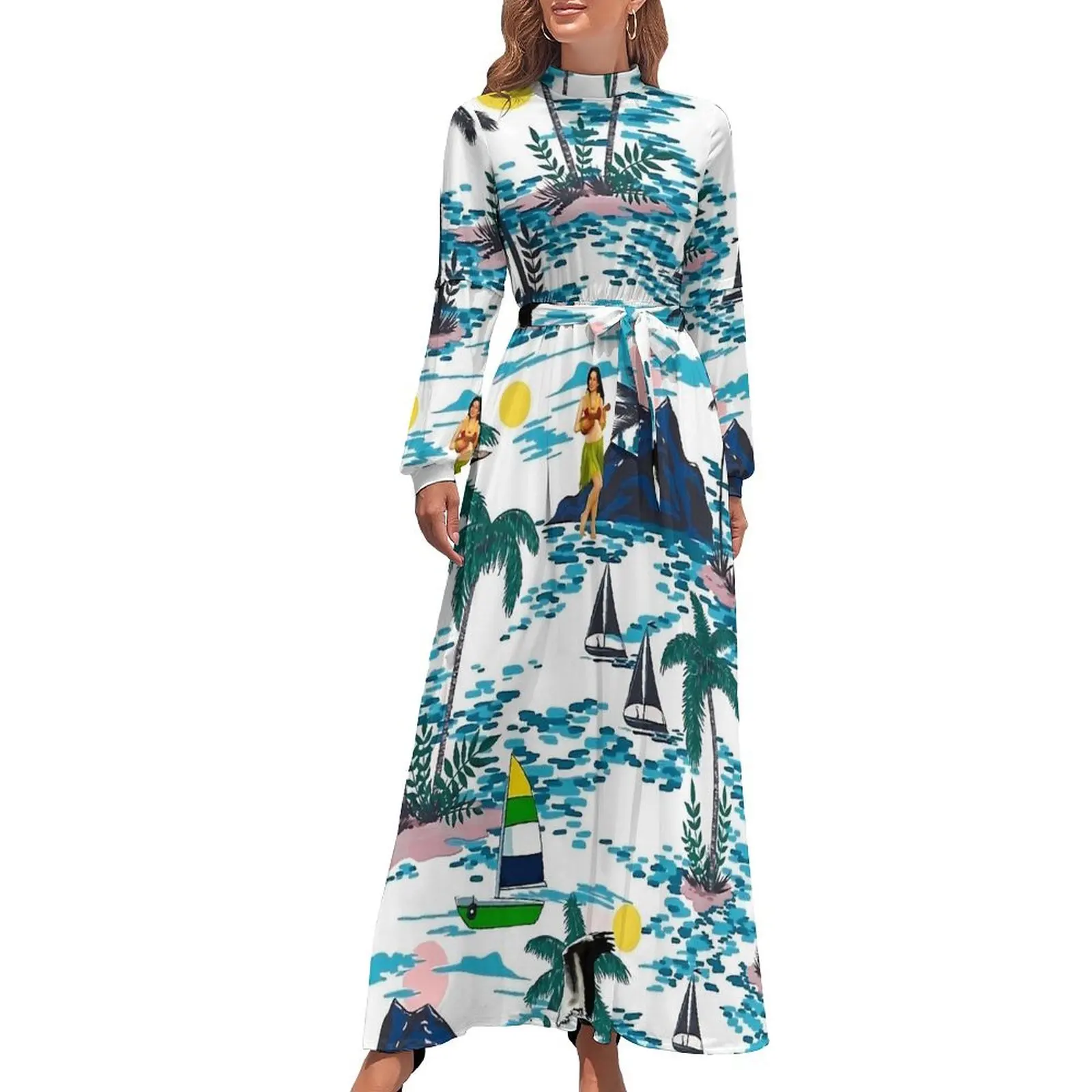 Tropical Hawaiian Palm Trees Dress High Waist  Graphic Boho Beach Dresses Long Sleeve Aesthetic Long Maxi Dress Kawaii Vestido