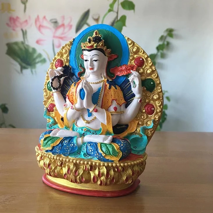 Tibetan Buddhist figurine Tantric four arm Guanyin Buddha statue ornament portable figure Four-armed Avalokitesvara Bidhisattva