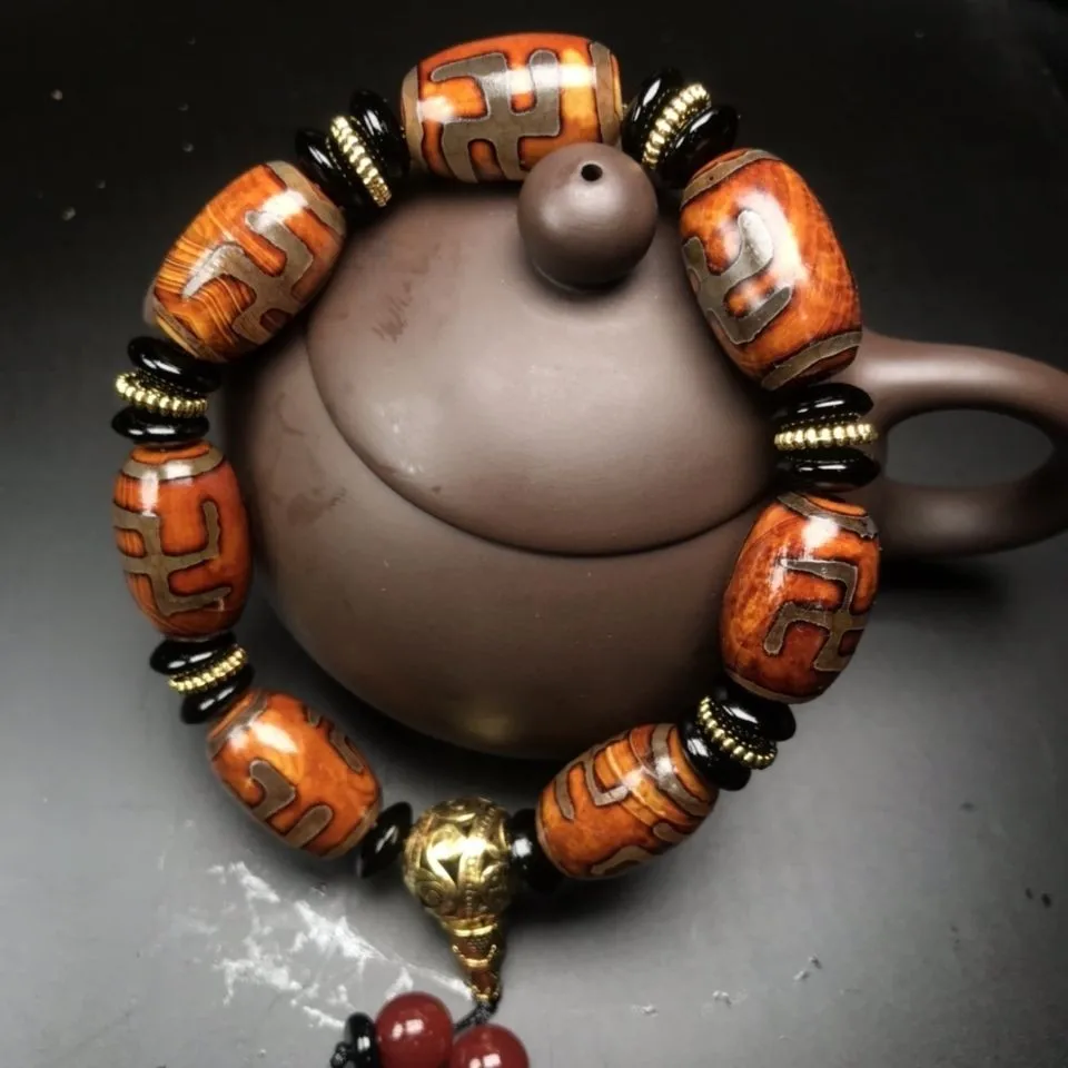 Tibetan Old Agate Swastika Dzi Buddha Head Bracelet Carnelian Beads