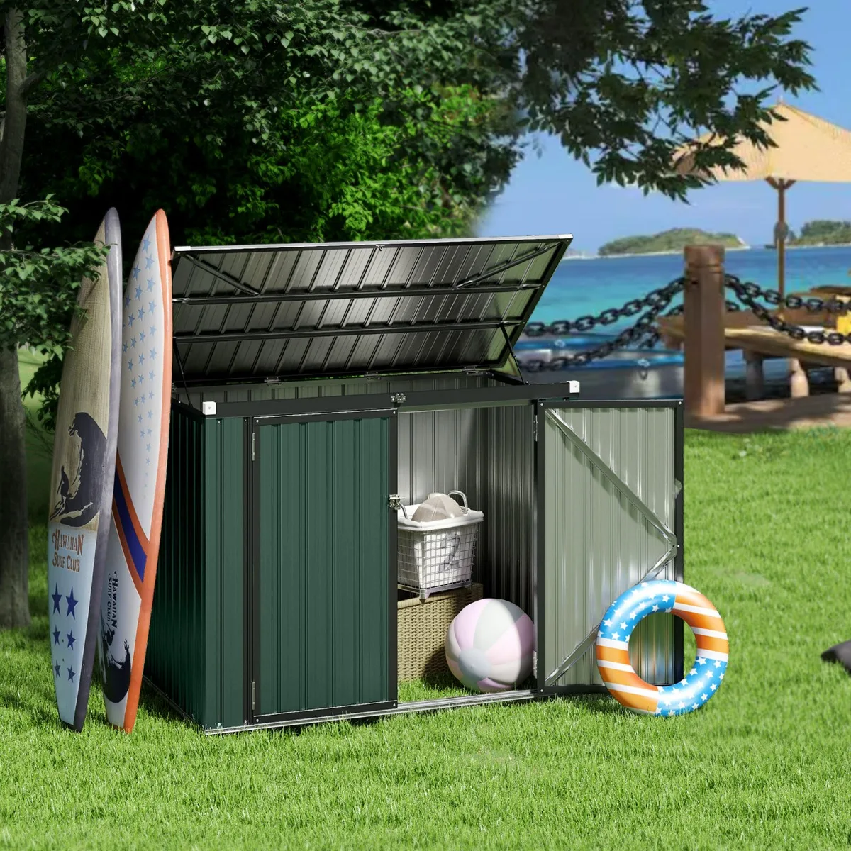 Abri de jardin en acier galvanisé avec couvercle relevable à vérins à gaz et portes doubles, structure triangulaire renforcée pour les poubelles de jardin et l'organisation des outils, vert, 172x95.5x130 cm