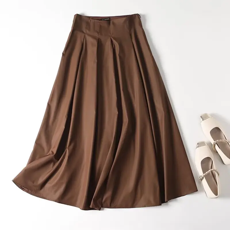 

European and American style new temperament commuting pleated high waist skirt women 2025 autumn mid-length drape A-line skirt