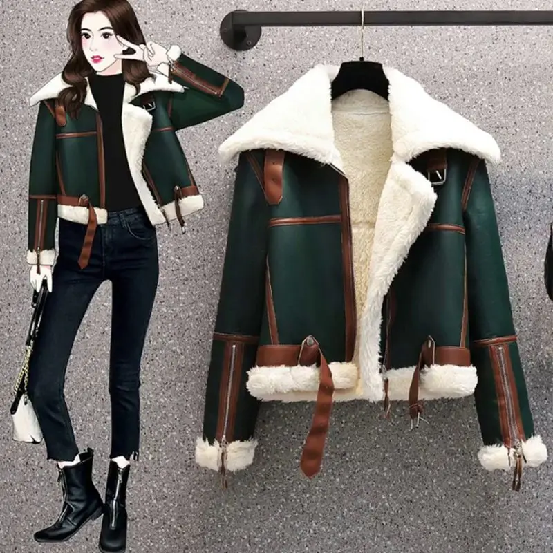 ストリート毛皮統合オートバイ服女性オーバーコート冬の新厚みのレザージャケット女性のエレガントなルーズカジュアルジャケット