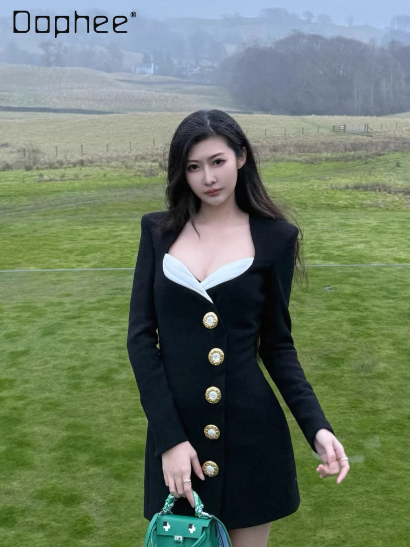 

High-End Elegant Socialite Dress Commuting Style Fashion Patchwork Color Single-Breasted Slim Fit Long Sleeve A-Line Dress Women
