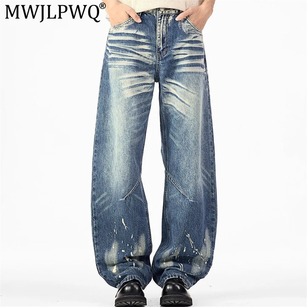 MWJLPWQ Punk-Style Splatter-Dye Jeans Men Trendy Design Paint Splatter Loose-Fit Pants Vintage Washed Distressed Trousers 20931