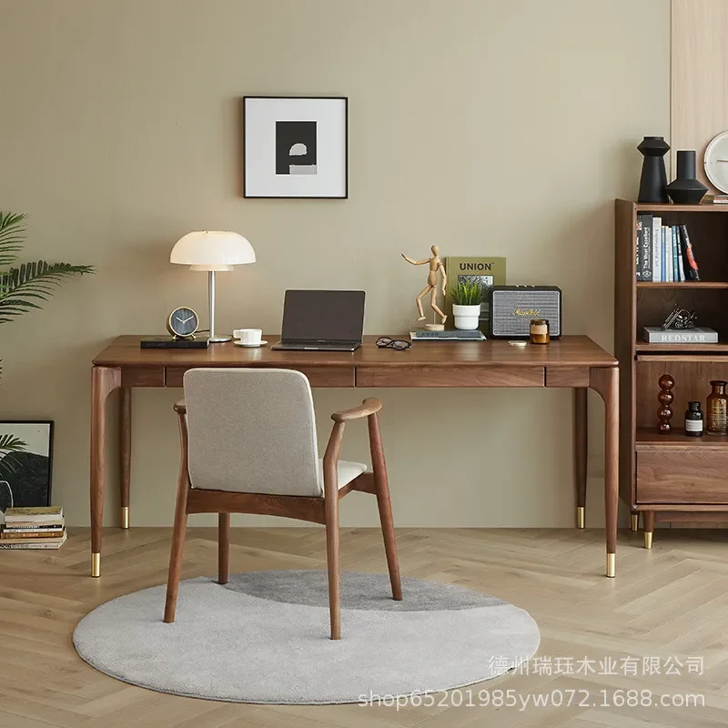 Black Walnut Solid Wood Desk with Drawer Home Study Table Computer Desk for Room Office Furniture