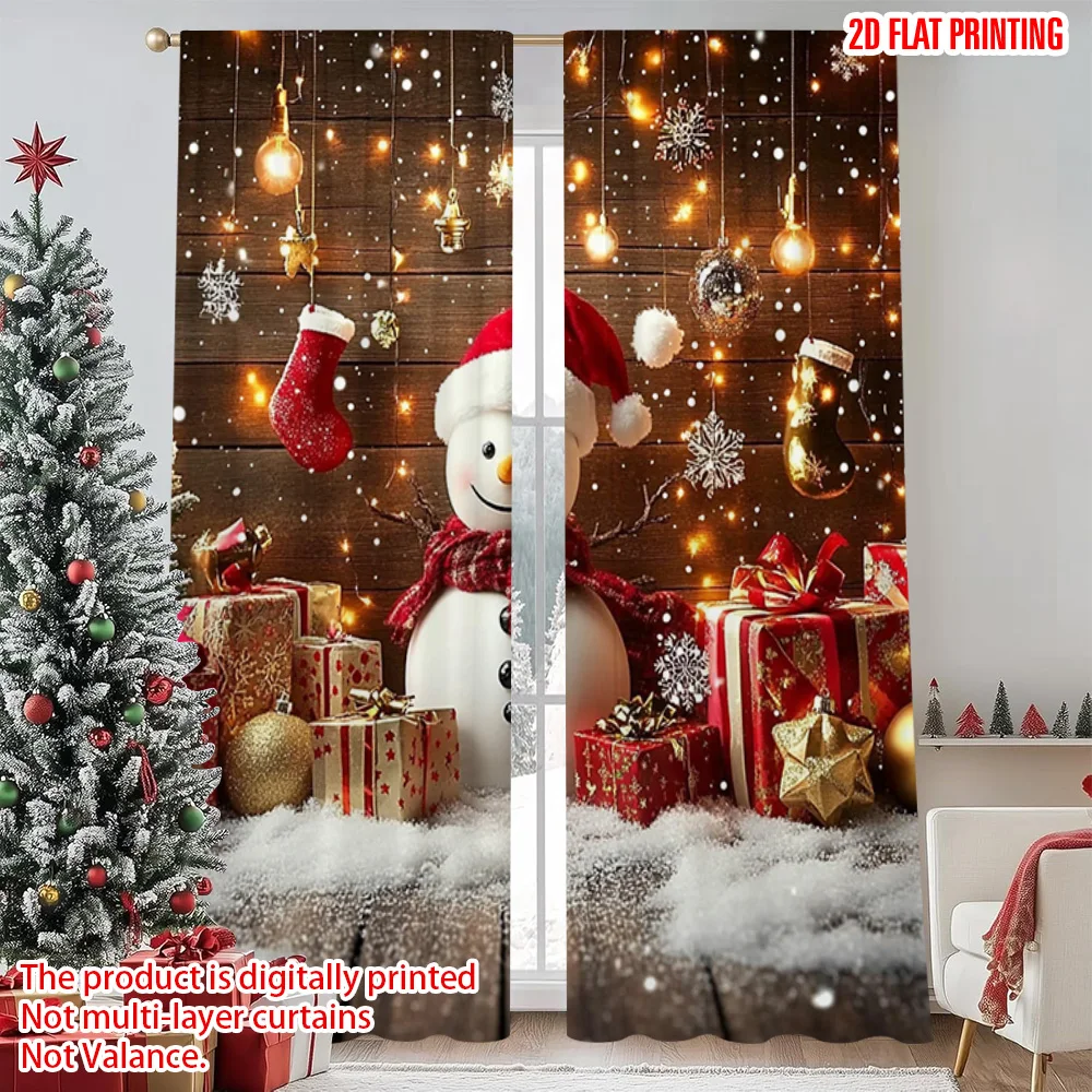

2pcs 2D flat printing Merry Christmas Curtains Sunny Snowman Versatile Polyester Fabric Without Electricity Birthday Party Use