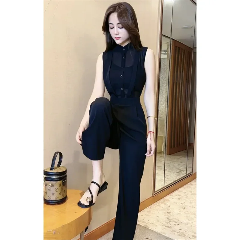 Nuova tuta elegante estiva moda donna camicia slim senza maniche patchwork pantaloni a gamba larga pagliaccetti da donna da ufficio streetwear