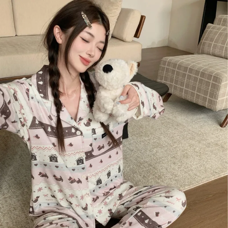 Women Girl Cute Puppy 26 Autumn Winter Cartoon Fashion Causal Pajama 2piece Set Long Sleeve Pants Sleepwear Loungewear Nighty