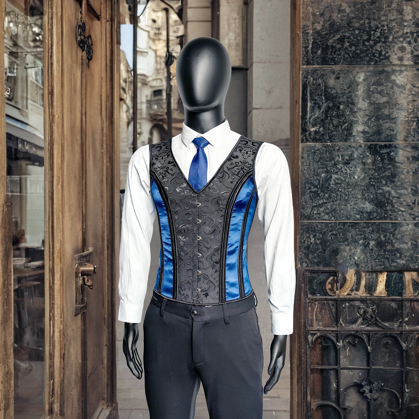 Male Corset Vest Dress Waistcoat Lace Up Bones Formal Tops Vintage Suit  Vest Blue Black Print For Wedding Stage Party 6 Buckles - AliExpress  200574005