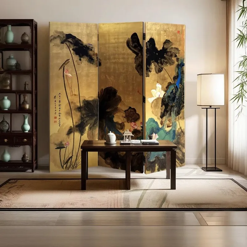 Gold foil carved handmade retro lacquer art removable wood screen