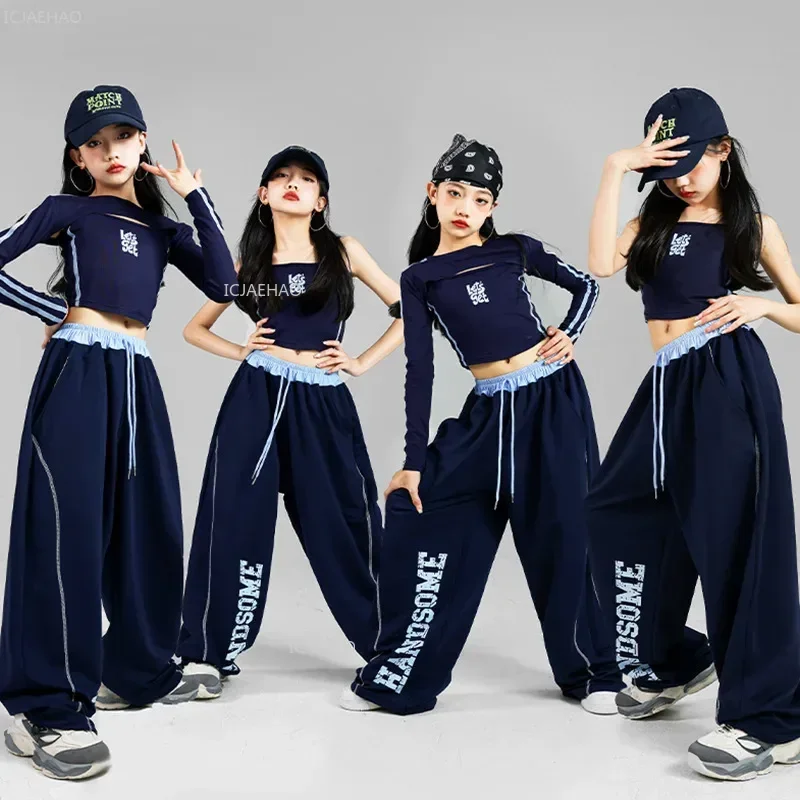 Child K-pop Streetwear Clothes Sets Girls Hip Hop Crop Top Sport Letter Joggers Pants Kids Sportswear Street Dance Jazz Costumes