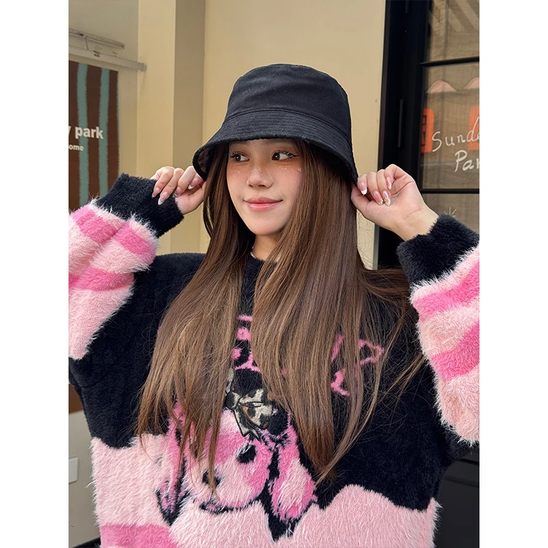 ELFSACK Minimalistische casual omkeerbare luipaardpluche emmerhoed voor dames