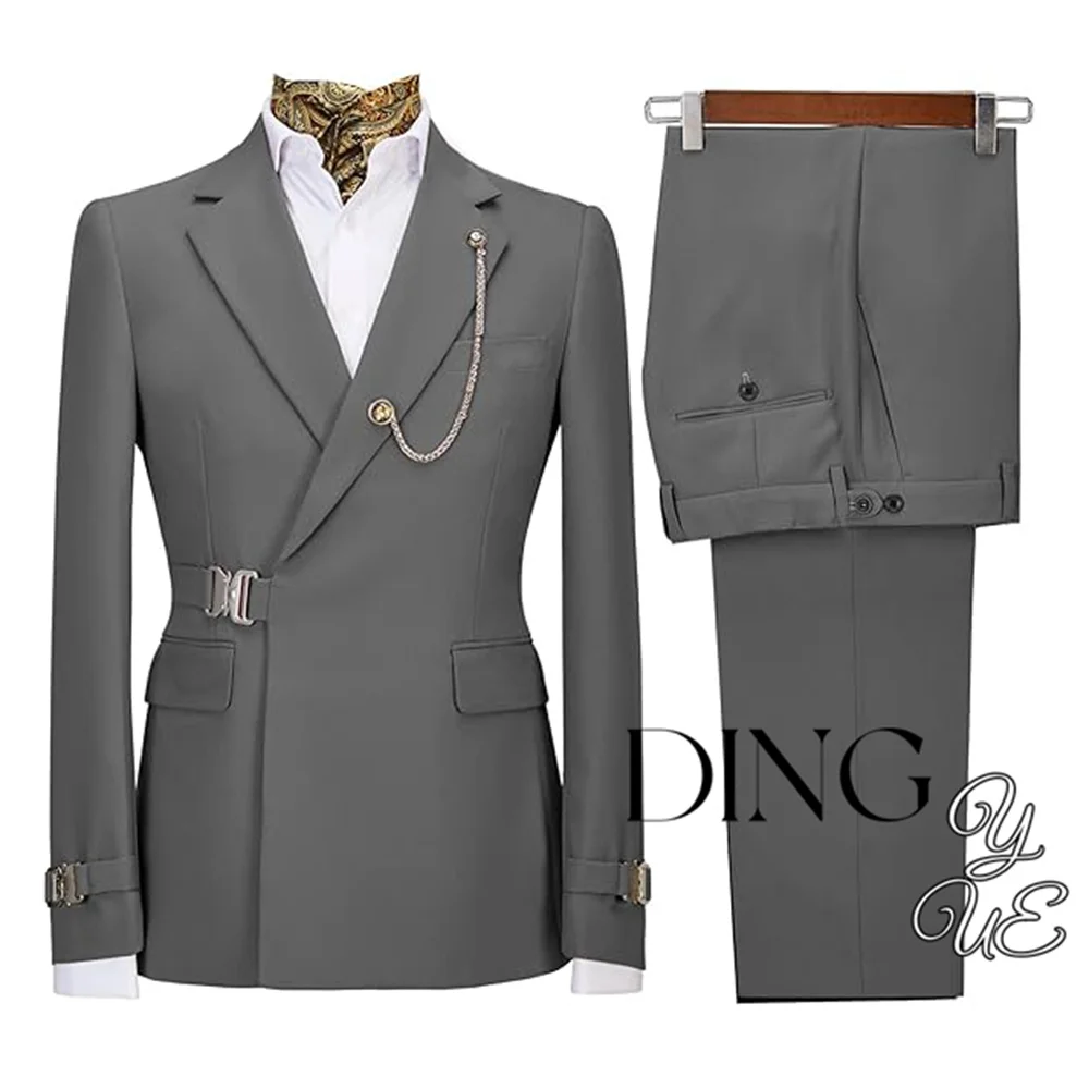 Men Metal Side Release Buckle Blazer Suits Pink Blazer Tuxedo Pants 2 Pcs Sets for Wedding Party