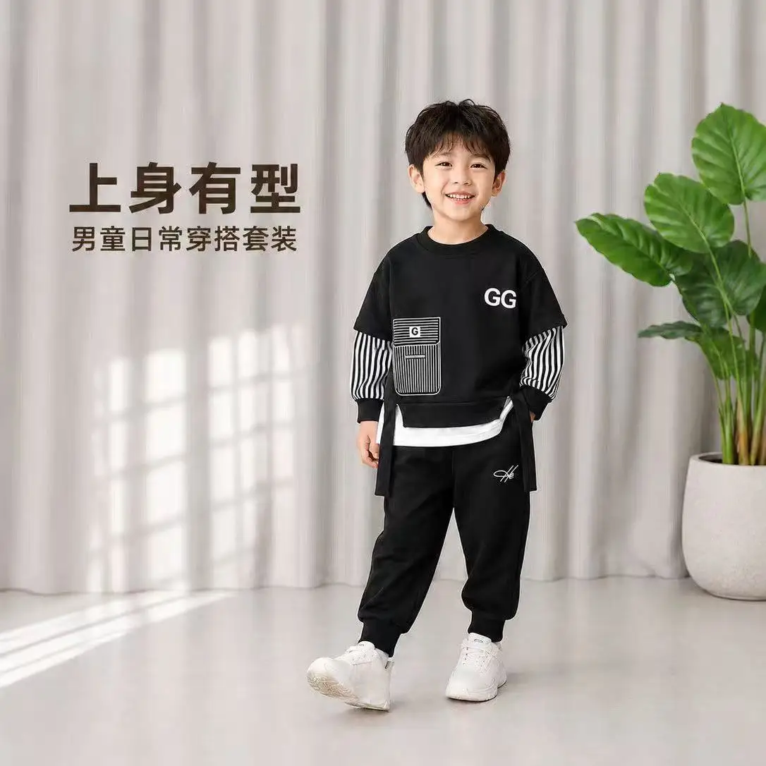 Kids Boys Fake Two Piece Sweat Suit Set Striped Spliced Long‑sleeve Sweatshirt and Sweatpants Spring Autumn 2Pcs Children Outfit