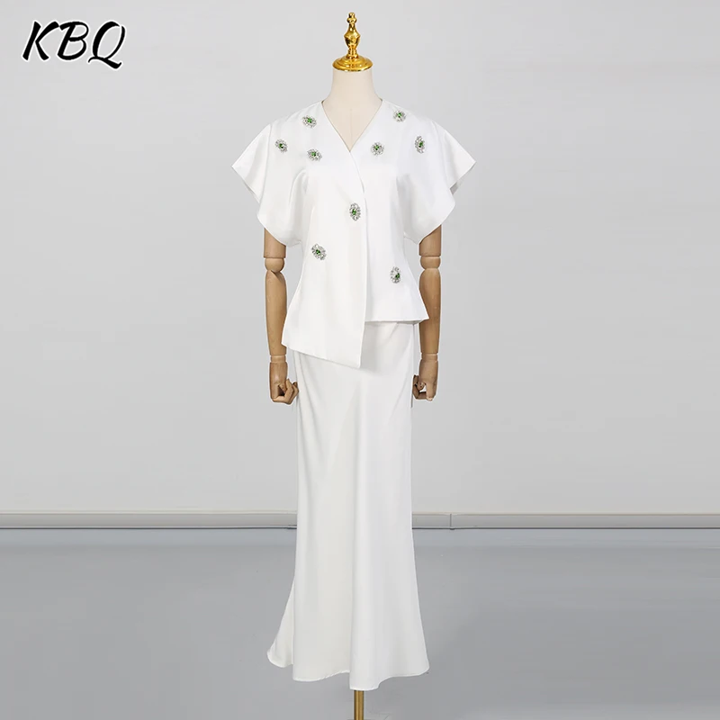 

KBQ Elegant Two Piece Sets for Women V Neck Short Sleeves Patchwork Diamonds Top High Waist Long Skirt Slimming Set Female New