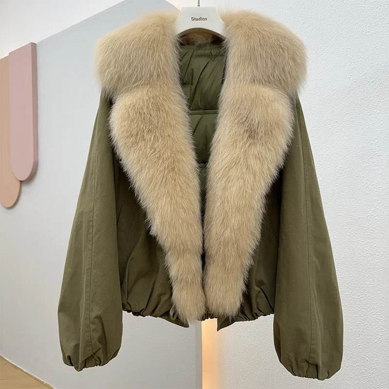 新しいファッション冬暖かい女性ダウンジャケット本物の天然キツネの毛皮の襟ジャケット厚い女性カジュアルアウターパファーパーカーコート