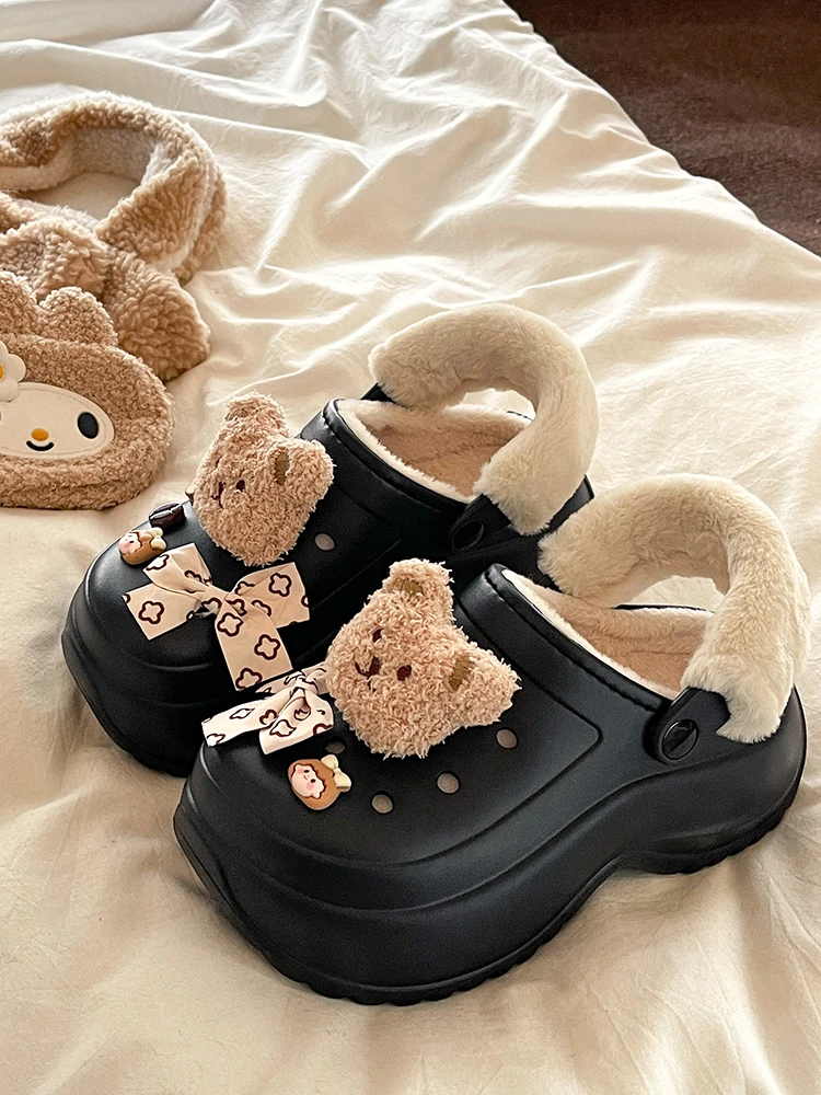 Black Height Increasing Thick Bottom Cute Bear Fleece-lined Porous Shoes Women 2024 Winter New Outer Wear Warm Closed Toe Cot...